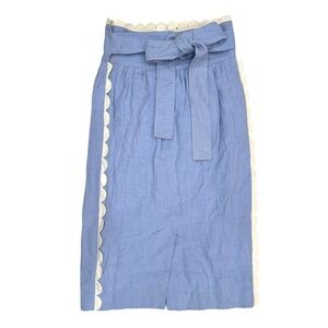 Chloe Blue Silk & Linen Knee Skirt Belted Bow Scalloped Edge RARE